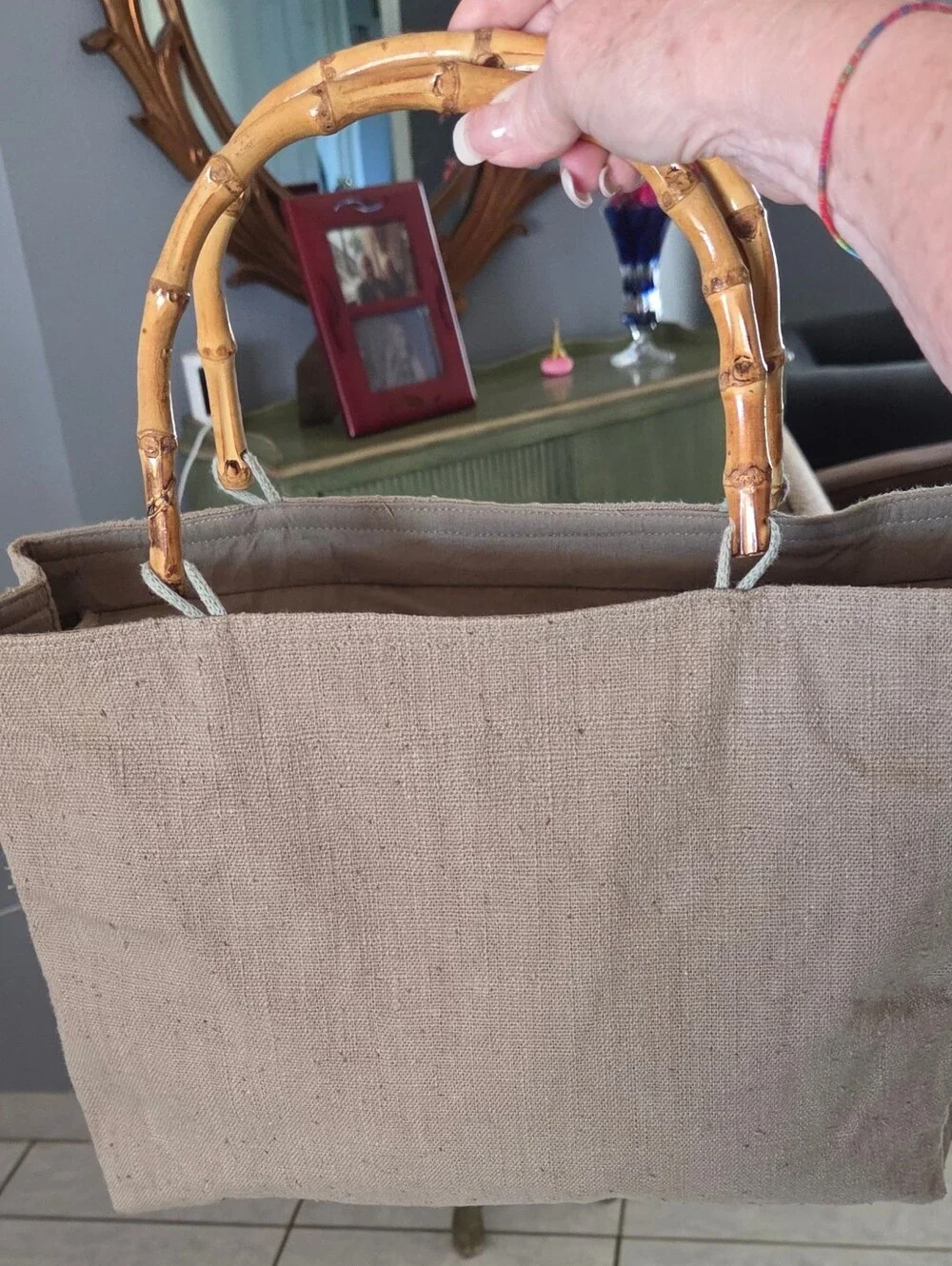 Pandamerica Natural Jute  Canvas Tote with Bamboo Handles